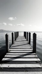 Fototapeta premium Striped monochrome bridge over calm water Black and white wood planks , old, photography