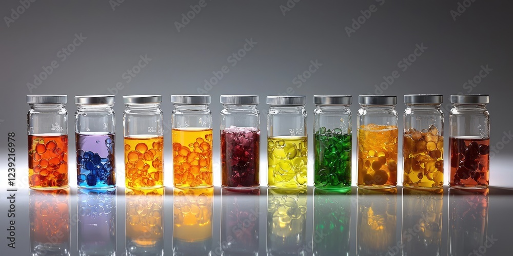 Poster Experiment setup with colorful reagents in various containers illustrating chemical reactions, emphasizing clarity and detail in a modern laboratory