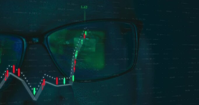 Graphs and business trading chart multi-exposure with closeup face businessman working on laptop, Economic crisis that will affect the world grow of inflation and food price