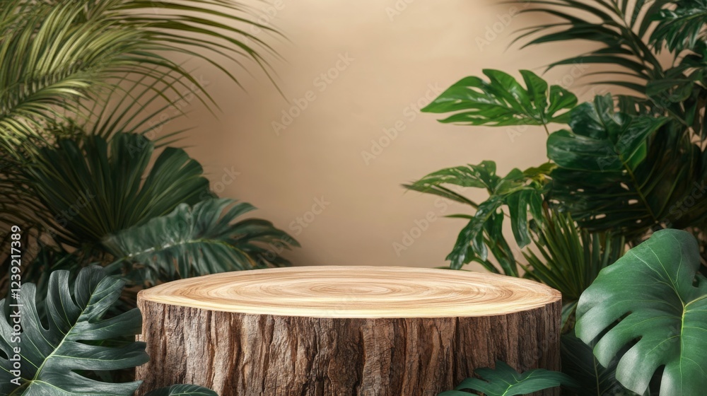 Aufkleber a wooden podium set against a backdrop of vibrant green tropical foliage. sunlight filters through t