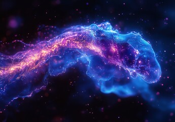 Obraz premium Abstract cosmic wave with vibrant colors, glowing particles, and stellar light trails creating a mesmerizing space phenomenon in deep blue and purple hues