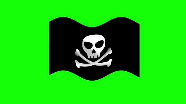 Animation of A black pirate flag featuring a white skull and crossbones waves ominously, symbolizing danger, rebellion, and adventure on the high seas.