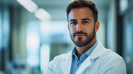 Obraz premium Confident male doctor standing in a modern medical facility while wearing a white coat and smiling at the camera