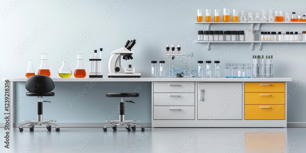 Poster Laboratory scene showcasing multiple chemical reactions in progress, with clear labeling and an organized workspace on a neutral backdrop