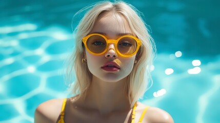 Elegant summer portrait of a blonde near crystal blue water