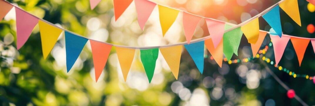 colorful triangular bunting fluttering in a lush outdoor setting with bright sunshine and playful bokeh effect copyspace concept of event party marketing