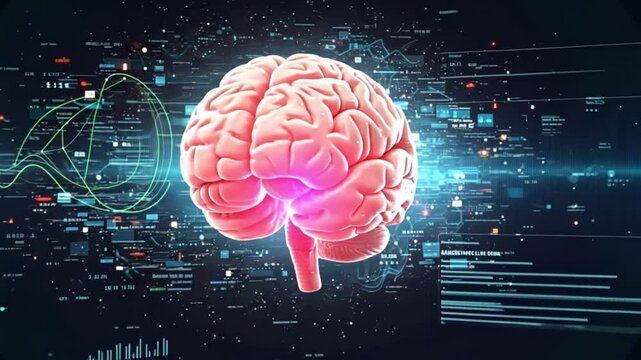 Animation of human brain and ai data processing over black background. Global artificial intelligence, data processing, computing and digital interface concept digitally generated video.
