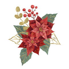 Composition with Christmas flower red poinsettia, fir branches, vegetation and berries isolated
