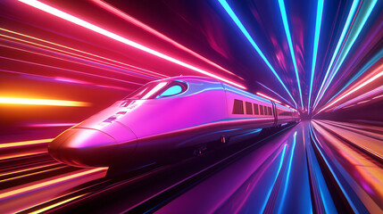 Fototapeta premium 3D design of a high-speed train smashing through a rainbow-hued tunnel. 