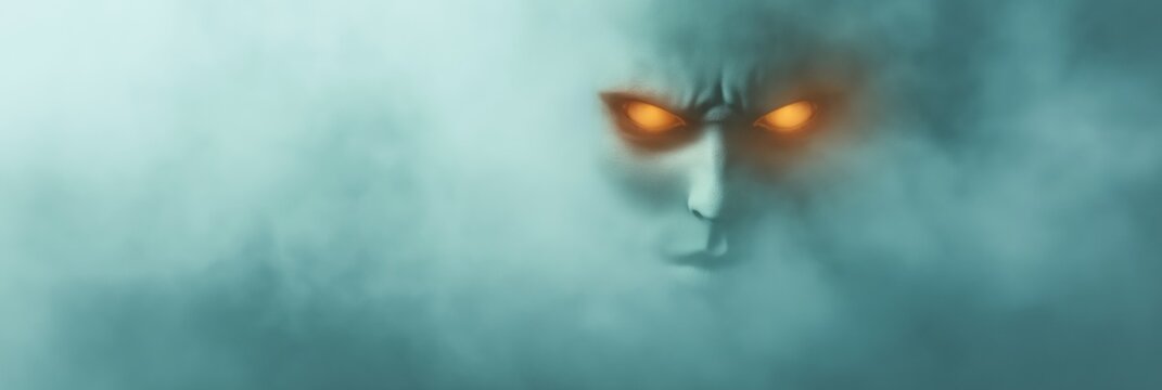A scary monster with red eyes and a yellow glow. The monster is surrounded by a foggy mist