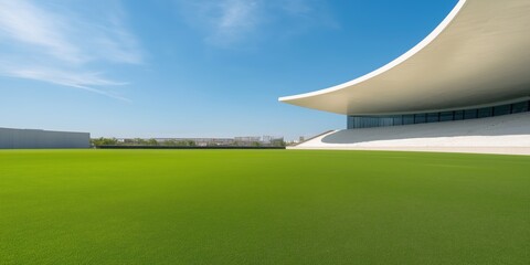 A large stadium with a green field in the foreground. The stadium is empty and the sky is clear