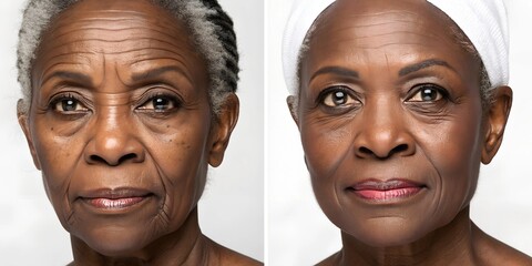 before and after, dark-skinned woman, deep wrinkles, Botox treatment, rejuvenation, anti-aging, skin transformation, cosmetic procedure, before after comparison, wrinkle reduction, facial treatment, b