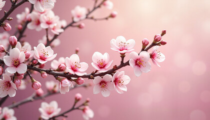 Blooming cherry blossom branch against pink background