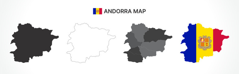 Obraz premium Detailed Andorra Map Collection with Outline, Silhouette, Administrative Divisions, and Flag Overlay Variations