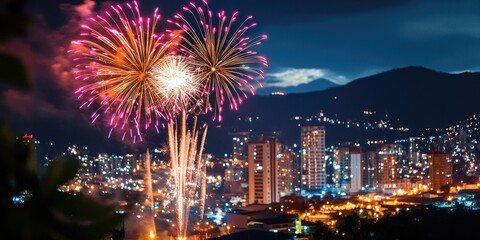Fototapeta premium Illuminated skyline during a New Year s celebration, showcasing bright fireworks against a dark sky
