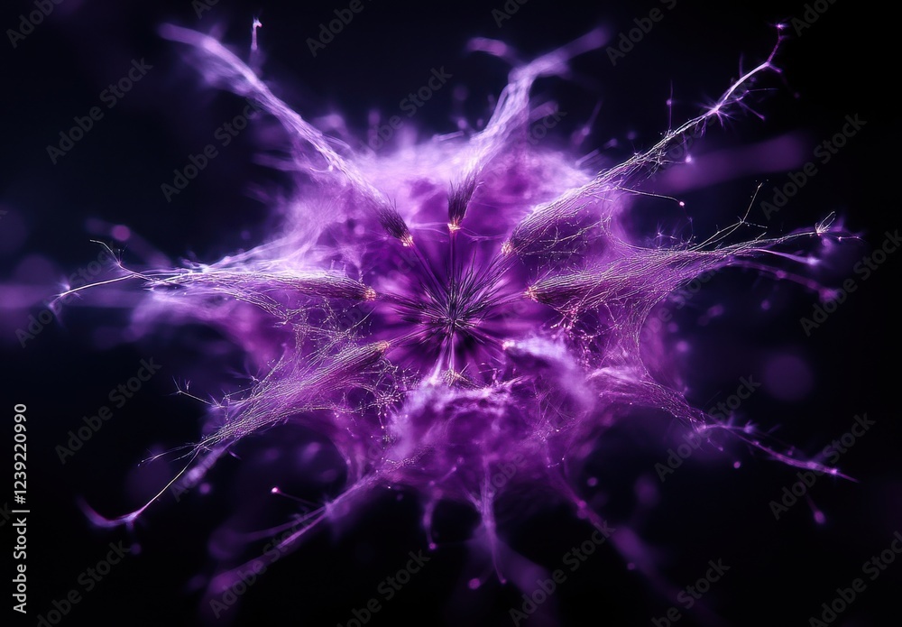 Poster abstract representation of a vibrant and intricate purple cell showcasing biological structures and 