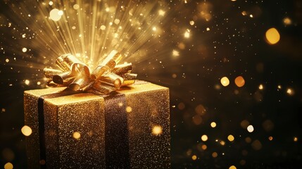 Golden glowing gift box with magical sparkles and festive holiday feeling
