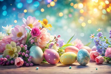 Obraz premium Spring Easter Decor: Double Exposure of Blooming Flowers and Colorful Eggs