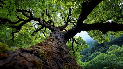 A large tree in the middle of a lush green forest