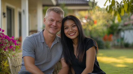 Fototapeta na wymiar Happy interracial couple smile in front of their front yard warm and loving atmosphere relationship