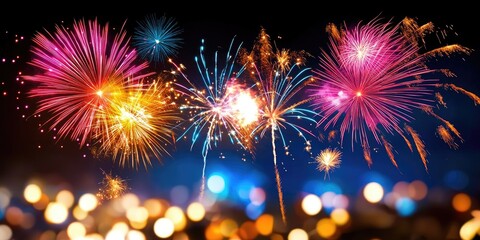 New Years celebration with friends laughing and watching bright, sparkling fireworks explode above