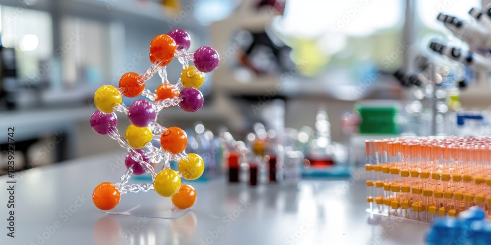 Poster DNA structure models displayed on a laboratory table, emphasizing intricate details