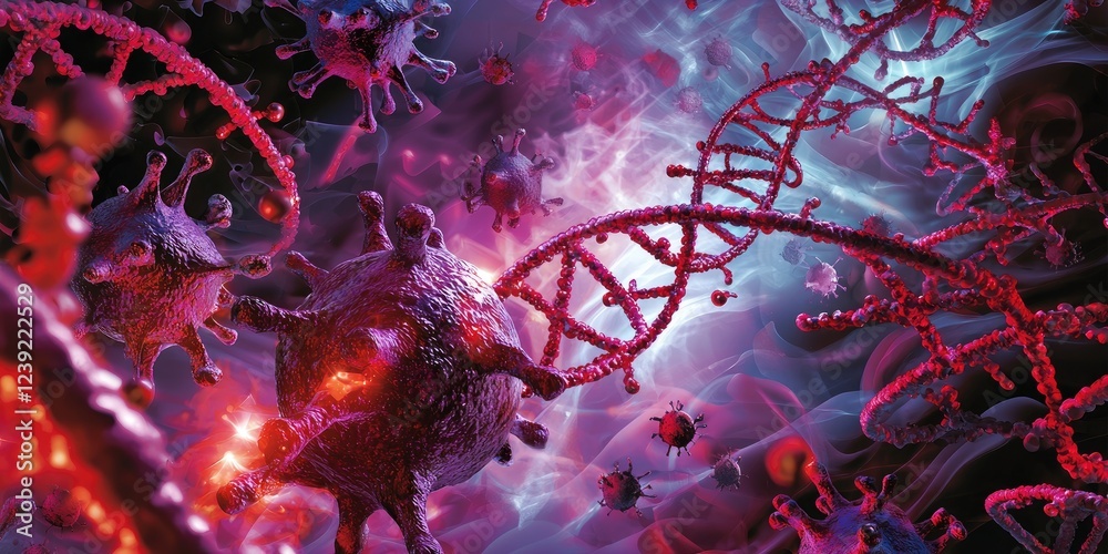 Aufkleber Artistic depiction of DNA strands intertwining with cellular structures in a scientific environment