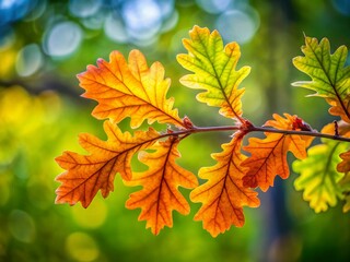 Spring Oak Leaves on Branch Isolated against Lush Canopy
