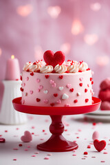 Romantic Valentine's Day pink cake with mini hearts on a red cake stand on  pastel pink background. Vertical, side view. Festive atmosphere.