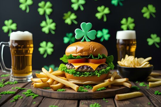 St Patrick`s holiday party invitation, bar menu background. Irish St Patrick`s day beer, ale glasses, snacks, appetizer, green burger, wooden bar table with shamrock, clover, coins