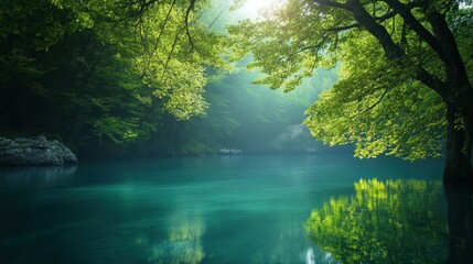 Obraz premium Serene Green Forest River Landscape Scene