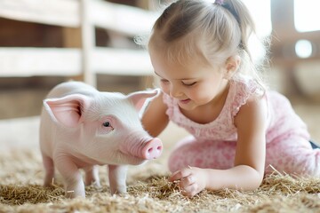 Toddler petting piglet in barn, farm background