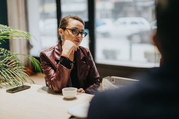 A confident woman engaging in a meeting at a cafe setting, seated by a table with a coffee cup and a casual atmosphere present, demonstrating focus, communication, and relaxed professionalism.
