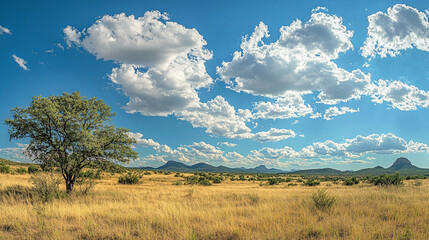 Fototapeta premium A wide view of gentle, diffuse clouds in a bright blue sky, with soft sunlight filtering through the clouds over a peaceful landscape