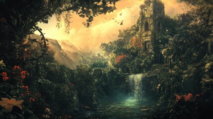 Obraz premium Lush Jungle Waterfall Envelops Ancient Ruins