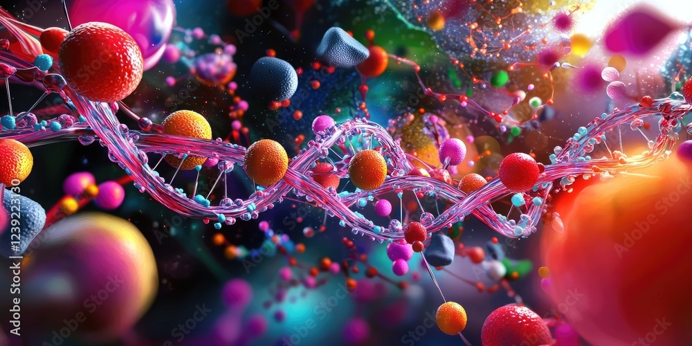 Aufkleber Artistic depiction of DNA strands intertwining with cellular structures in a scientific environment