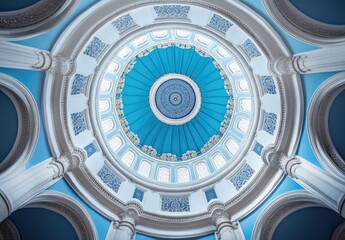 The intricate geometric patterns of the dome ceiling in an Islamic mosque, with its vibrant blue and white colors, form a mesmerizing pattern that reflects ancient Persian artistry