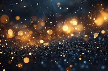Obraz premium Beautiful abstract background with shimmering golden bokeh lights and glittering particles creating a magical and festive atmosphere in dark tones.