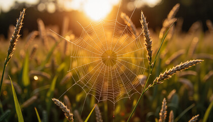 Spider web in golden wheat field at sunset