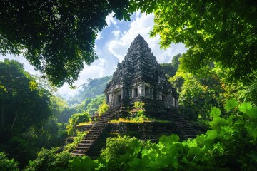 Exploring an enigmatic ancient temple dense jungle gigapixel photography lush vegetation elevated perspective enchantment