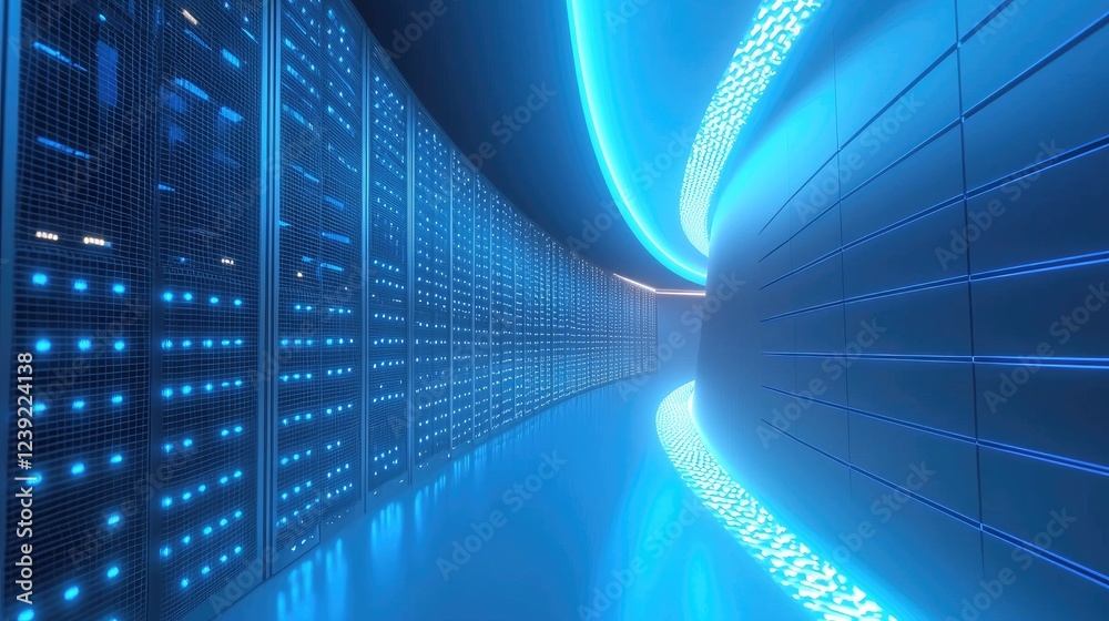 Poster cutting-edge server room with illuminated blue lights, curved walls, and advanced server racks, crea