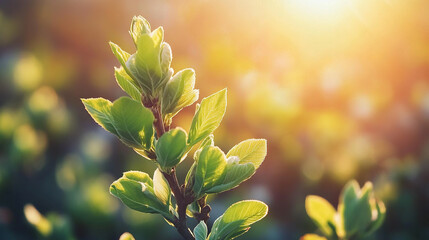 Newly budding tree branches with vibrant green shoots and tiny blossoms, highlighted by soft sunlight on a clear spring day