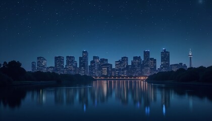 Obraz premium A modern city skyline with all buildings dark, reflecting on a calm river under a clear starry night, clean and tranquil composition