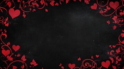 Red Hearts and Floral Design on Black Background