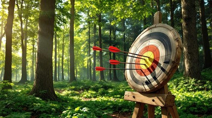 Archery practice takes place in a tranquil forest setting surrounded by trees. Generative AI
