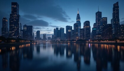 Obraz premium City skyline at dusk reflecting in water, serene mood, modern architecture background, copy space