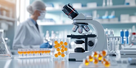 Photorealistic rendering of DNA strands under a microscope in a laboratory, highlighting molecular interactions