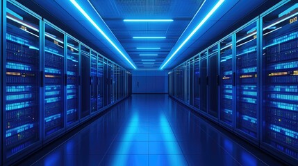 A futuristic server room illuminated with vibrant blue lights, showcasing sleek rows of high-tech server racks. Ideal for IT, cloud computing, and data center concepts