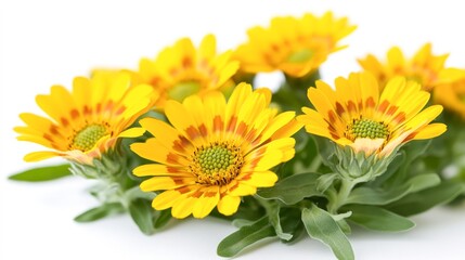 Obraz premium A vibrant close-up of yellow daisies with striking orange markings against a clean backdrop, ideal for floral themes, gardening blogs, or seasonal decor materials,