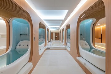 Obraz premium Rejuvenating relaxation retreat elegant spa wellness center serene environment advanced technology floating pods and ambient gigapixels